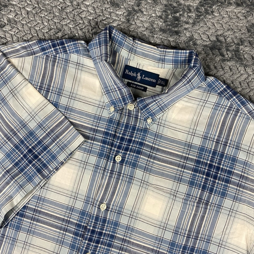Ralph Lauren Vintage Polo Bob Camp Plaid Shirt men's XL Blue White Cotton Y2K